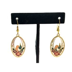 Vintage Cloisonné Bird Duck‎ Herron Floral Flower Drop Earrings Summer Nature